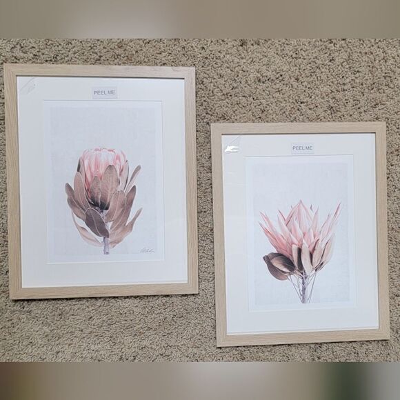 Framed Floral Wall Art Set of 2 – Pink Protea flowers with beige wood frames - Picture 5 of 10